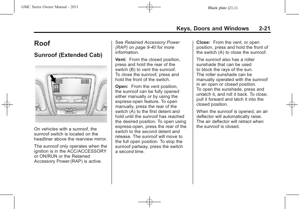 Roof, Sunroof (extended cab), Roof -21 | Sunroof (extended cab) -21 | GMC 2011 Sierra User Manual | Page 65 / 594