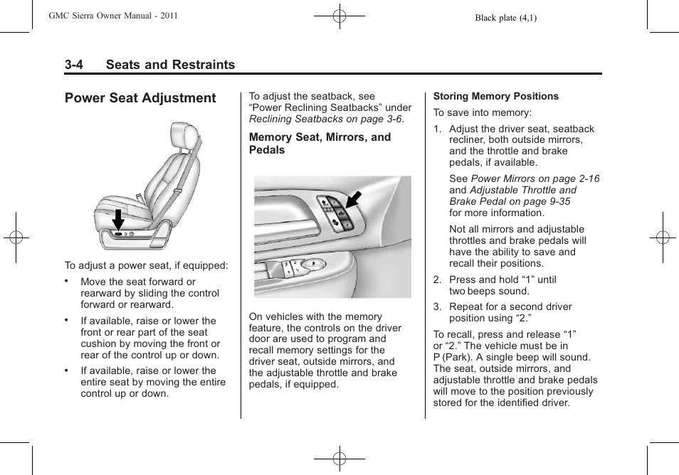 Power seat adjustment, Power seat adjustment -4, 4 seats and restraints | GMC 2011 Sierra User Manual | Page 72 / 594