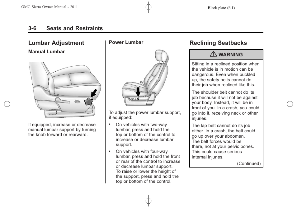 Lumbar adjustment, Reclining seatbacks, Lumbar adjustment -6 reclining seatbacks -6 | What | GMC 2011 Sierra User Manual | Page 74 / 594