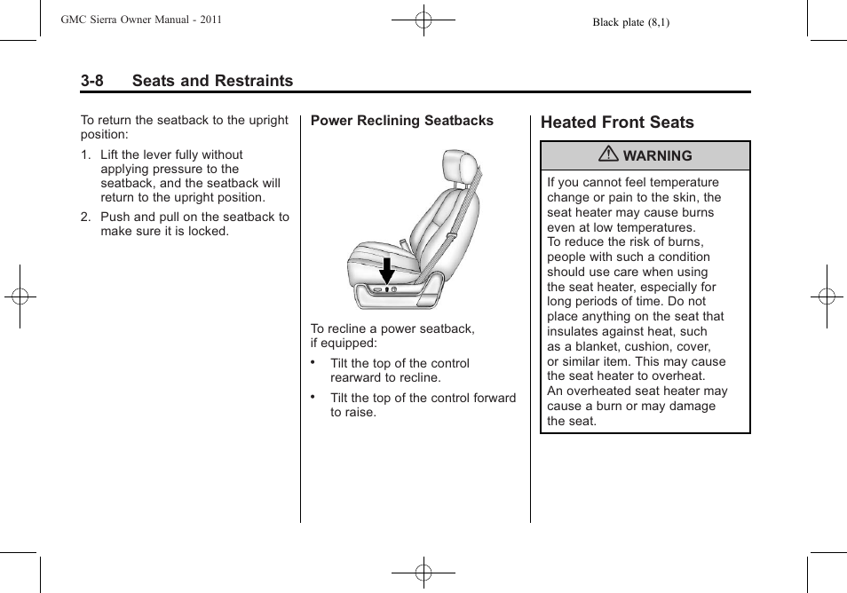 Heated front seats, Heated front seats -8 | GMC 2011 Sierra User Manual | Page 76 / 594