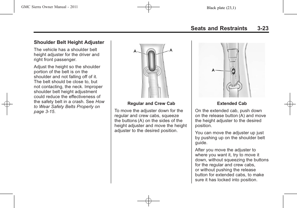 Seats and restraints 3-23 | GMC 2011 Sierra User Manual | Page 91 / 594