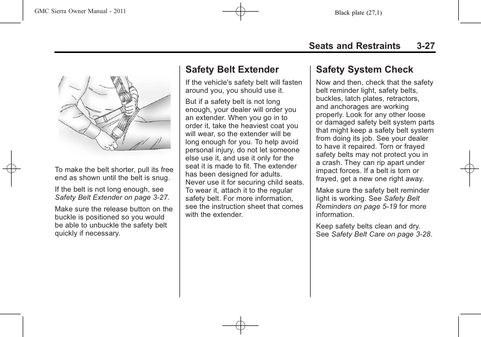 Safety belt extender, Safety system check, Safety belt extender -27 safety system check -27 | GMC 2011 Sierra User Manual | Page 95 / 594