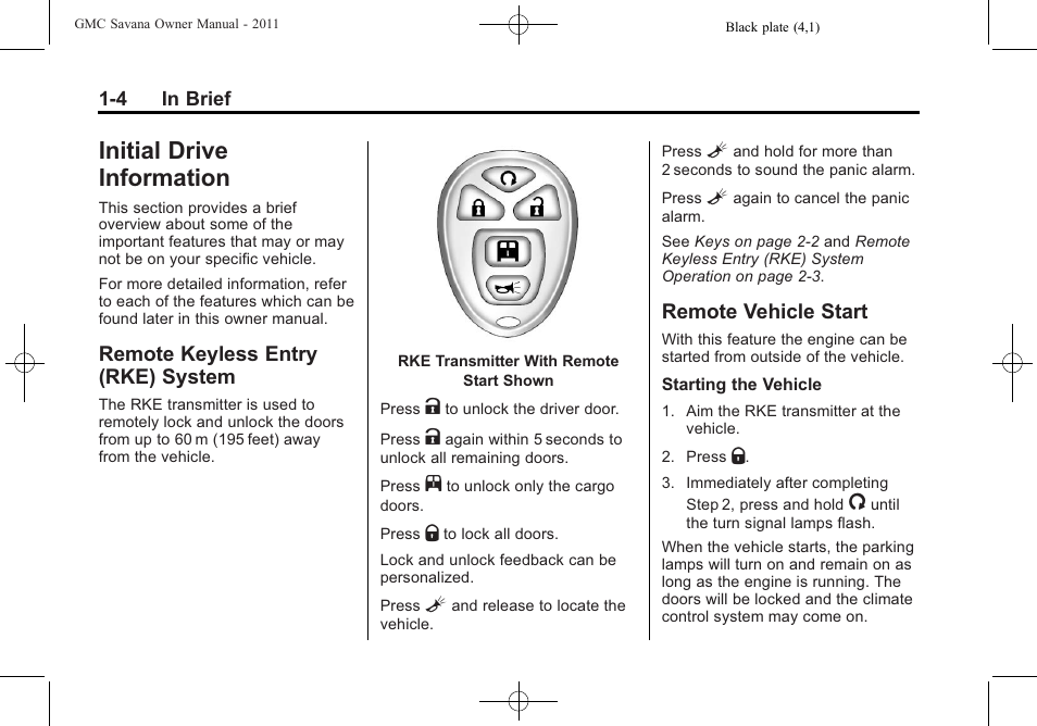 Initial drive information, Remote keyless entry (rke) system, Remote vehicle start | Initial drive information -4, Air vents, System -4, Remote vehicle start -4, Satellite | GMC 2011 Savana User Manual | Page 10 / 410