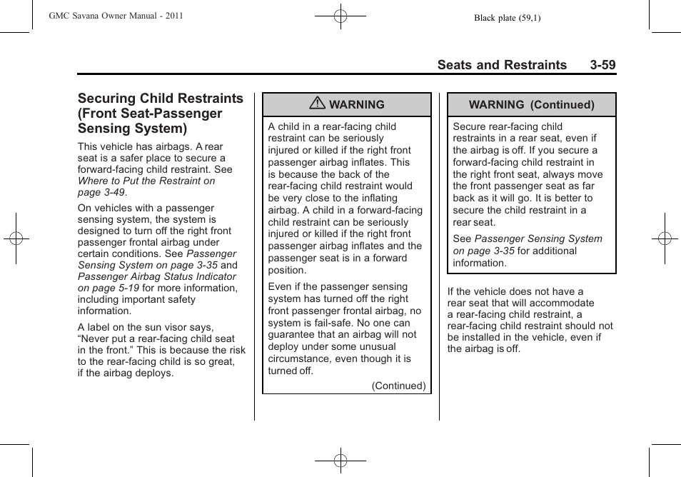 Securing child restraints, Front seat-passenger sensing system) -59 | GMC 2011 Savana User Manual | Page 107 / 410