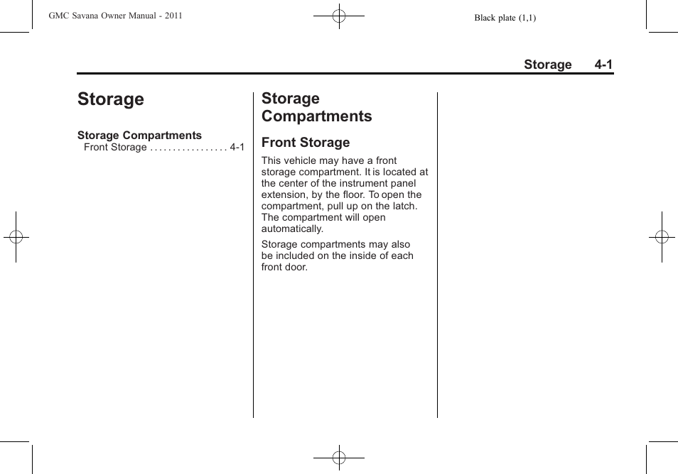 Storage, Storage compartments, Front storage | Storage -1, Storage compartments -1, Climate | GMC 2011 Savana User Manual | Page 115 / 410