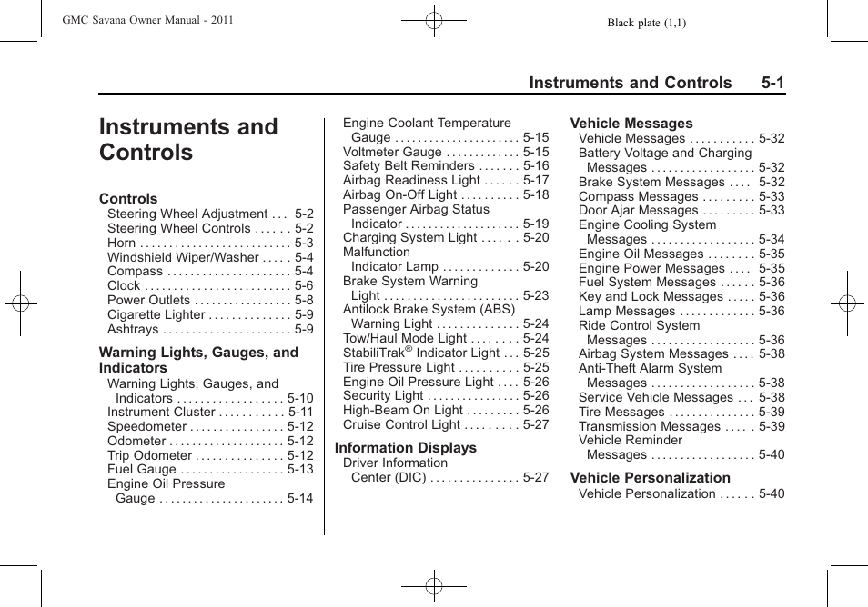 Instruments and controls, Controls -1, Instruments and controls 5-1 | GMC 2011 Savana User Manual | Page 117 / 410