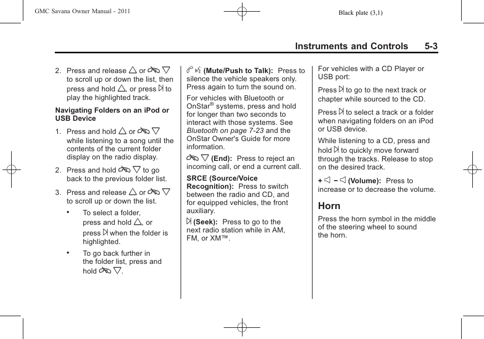 Horn, Horn -3 | GMC 2011 Savana User Manual | Page 119 / 410