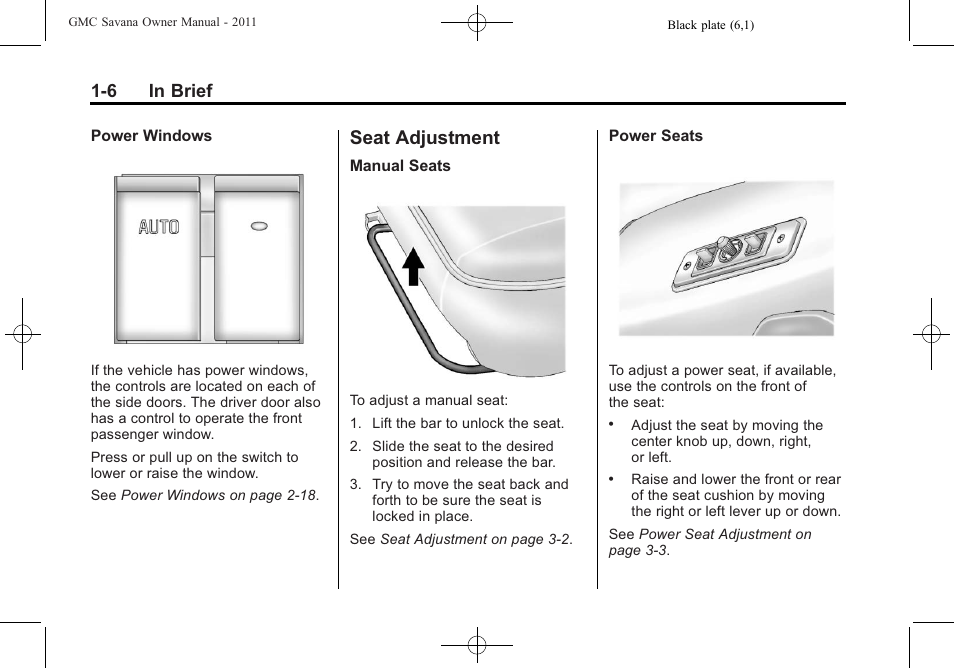 Seat adjustment, Seat adjustment -6, Steering | 6 in brief | GMC 2011 Savana User Manual | Page 12 / 410