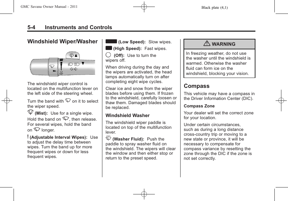 Windshield wiper/washer, Compass, Windshield wiper/washer -4 compass -4 | GMC 2011 Savana User Manual | Page 120 / 410