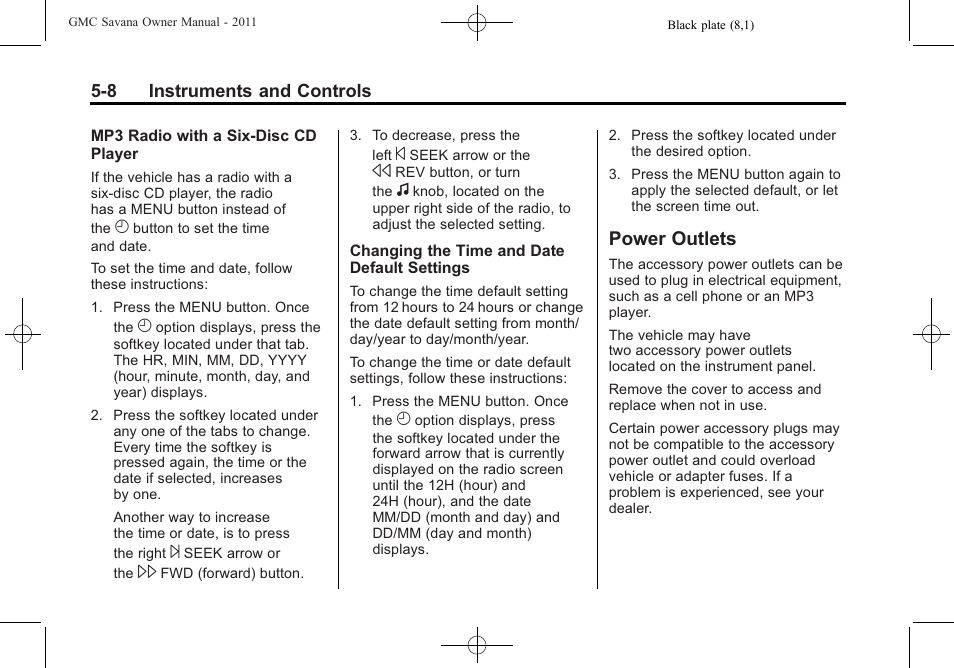 Power outlets, Power outlets -8 | GMC 2011 Savana User Manual | Page 124 / 410