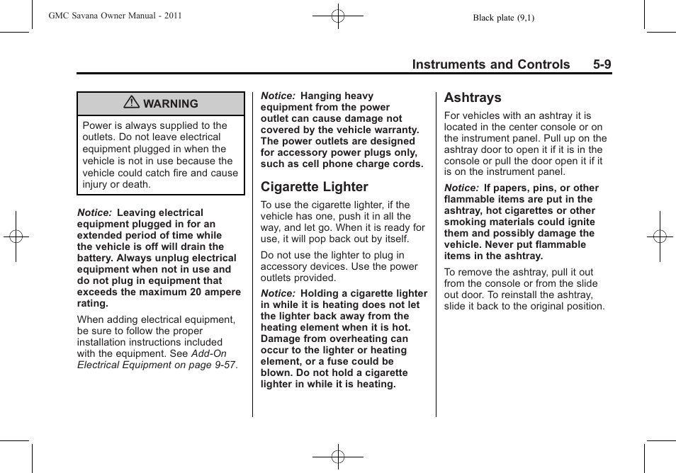 Cigarette lighter, Ashtrays, Cigarette lighter -9 ashtrays -9 | GMC 2011 Savana User Manual | Page 125 / 410