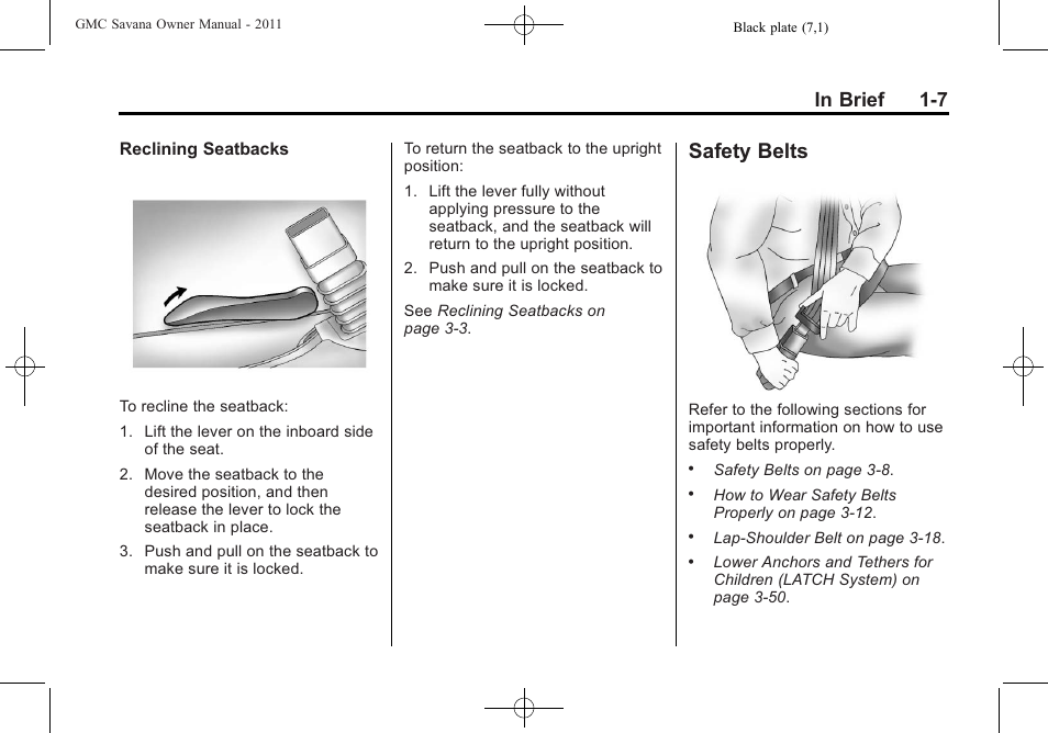 Safety belts, Safety belts -7 | GMC 2011 Savana User Manual | Page 13 / 410
