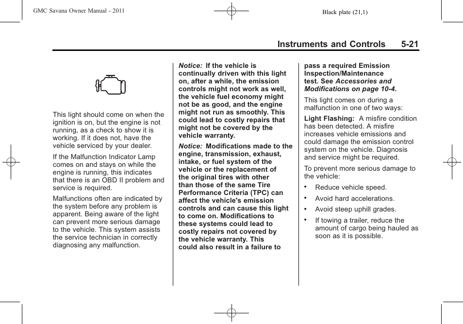 Instruments and controls 5-21 | GMC 2011 Savana User Manual | Page 137 / 410