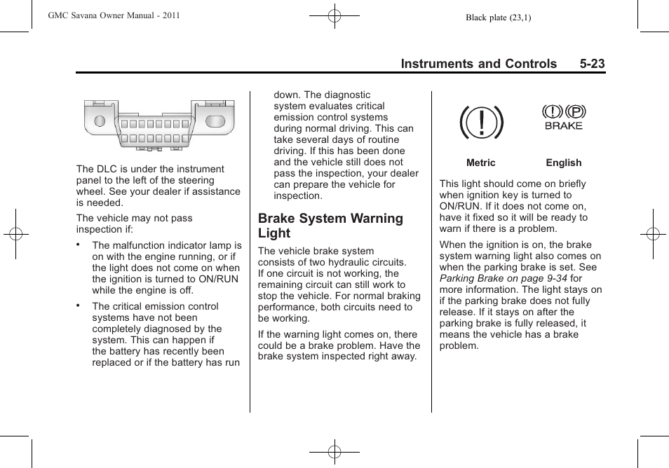 Brake system warning light, System warning, Light -23 | Instruments and controls 5-23 | GMC 2011 Savana User Manual | Page 139 / 410