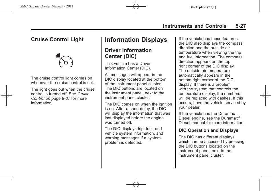 Cruise control light, Information displays, Driver information center (dic) | Information displays -27, Engine, Cruise control light -27, Driver information, Center (dic) -27, Vehicle | GMC 2011 Savana User Manual | Page 143 / 410