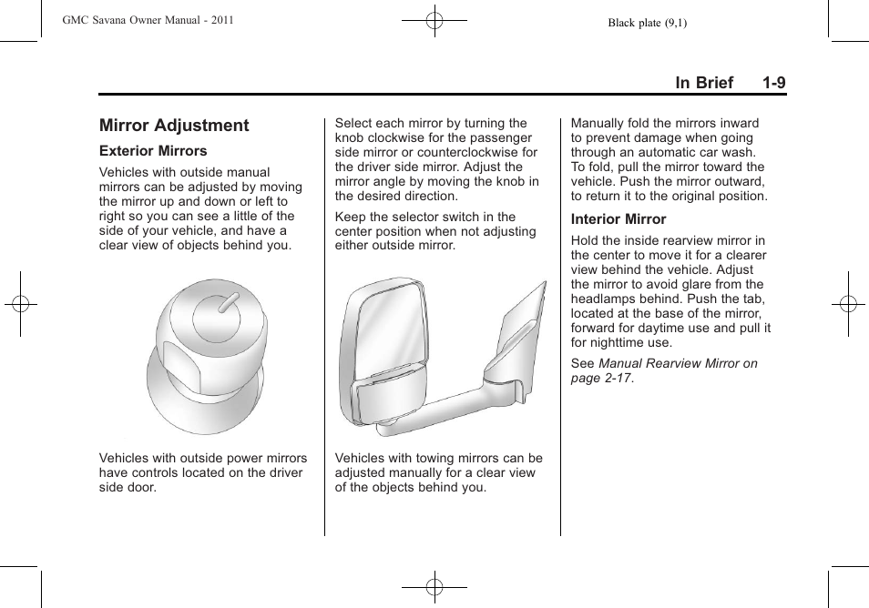 Mirror adjustment, Mirror adjustment -9, Performance | GMC 2011 Savana User Manual | Page 15 / 410