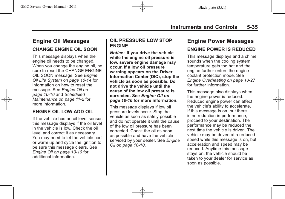 Engine oil messages, Engine power messages, Engine oil messages -35 engine power messages -35 | GMC 2011 Savana User Manual | Page 151 / 410