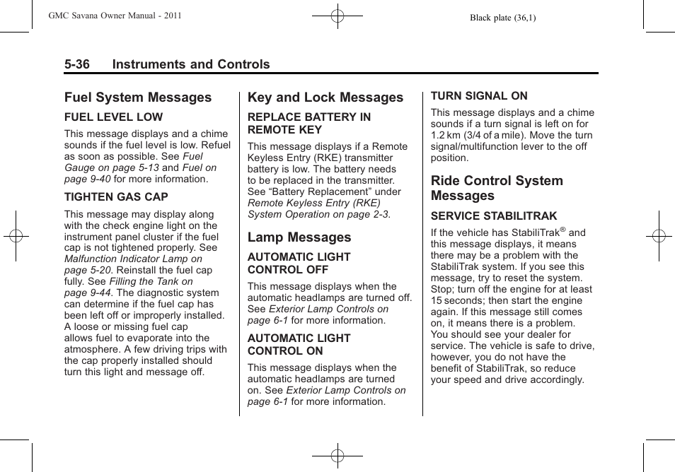 Fuel system messages, Key and lock messages, Lamp messages | Ride control system messages, Messages -36 | GMC 2011 Savana User Manual | Page 152 / 410