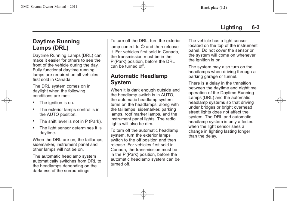 Daytime running lamps (drl), Automatic headlamp system, Daytime running | Lamps (drl) -3, Automatic headlamp, System -3, Lighting 6-3 | GMC 2011 Savana User Manual | Page 165 / 410