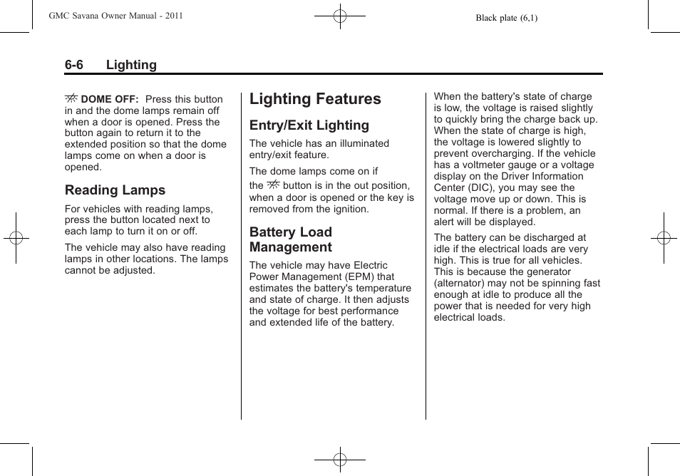 Reading lamps, Lighting features, Entry/exit lighting | Battery load management, Lighting features -6, Reading lamps -6, Entry/exit lighting -6 battery load management -6 | GMC 2011 Savana User Manual | Page 168 / 410