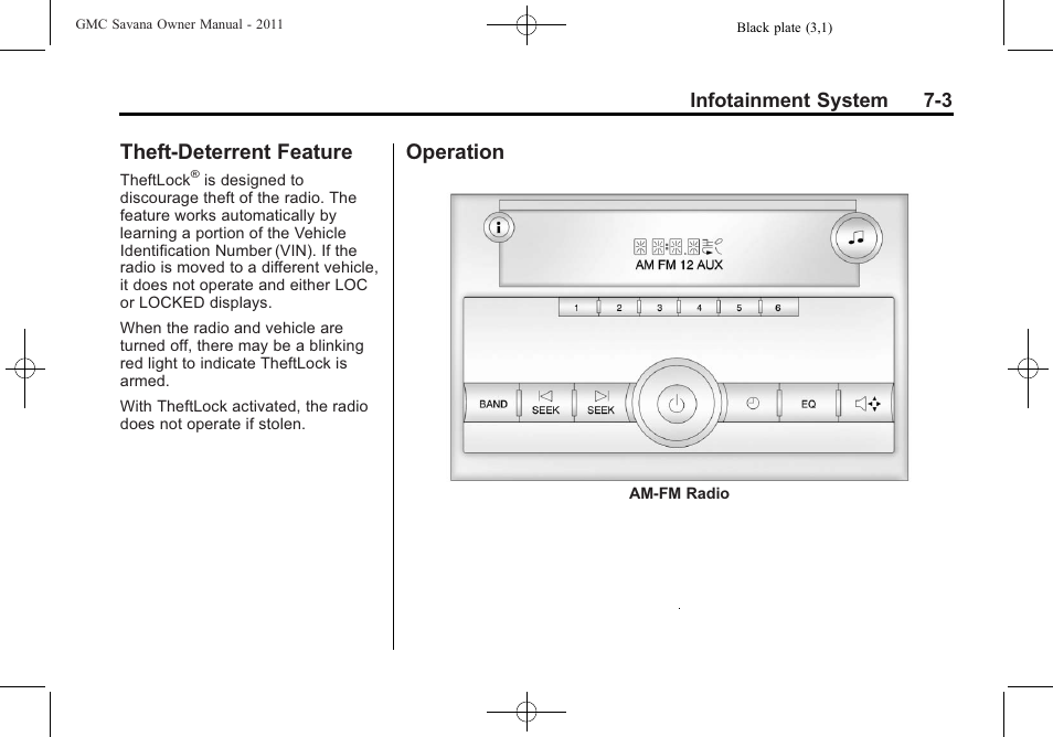 Theft-deterrent feature, Operation, Theft-deterrent feature -3 operation -3 | A radio can | GMC 2011 Savana User Manual | Page 173 / 410