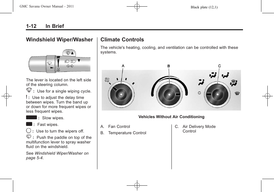 Windshield wiper/washer, Climate controls, Windshield wiper/washer -12 climate controls -12 | GMC 2011 Savana User Manual | Page 18 / 410