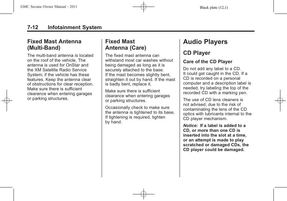 Fixed mast antenna (multi-band), Fixed mast antenna (care), Audio players | Cd player, Audio players -12, Fixed mast antenna, Multi-band) -12, Fixed mast, Antenna (care) -12, Cd player -12 | GMC 2011 Savana User Manual | Page 182 / 410