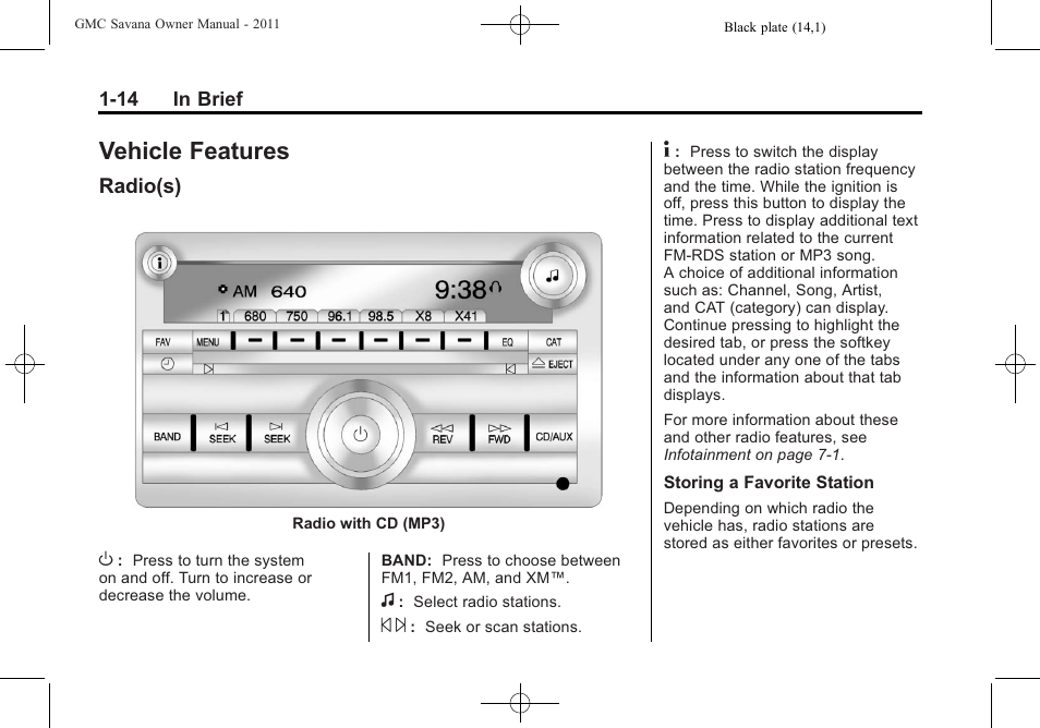 Vehicle features, Radio(s), Vehicle features -14 | Instruments and, Radio(s) -14 | GMC 2011 Savana User Manual | Page 20 / 410