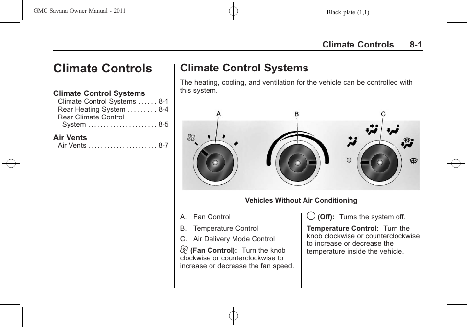 Climate controls, Climate control systems, Climate controls -1 | Control systems -1, Climate control systems on | GMC 2011 Savana User Manual | Page 201 / 410