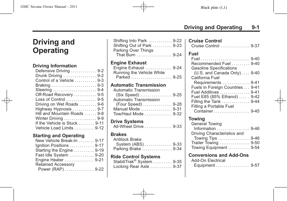 Driving and operating, Driving and operating 9-1 | GMC 2011 Savana User Manual | Page 209 / 410