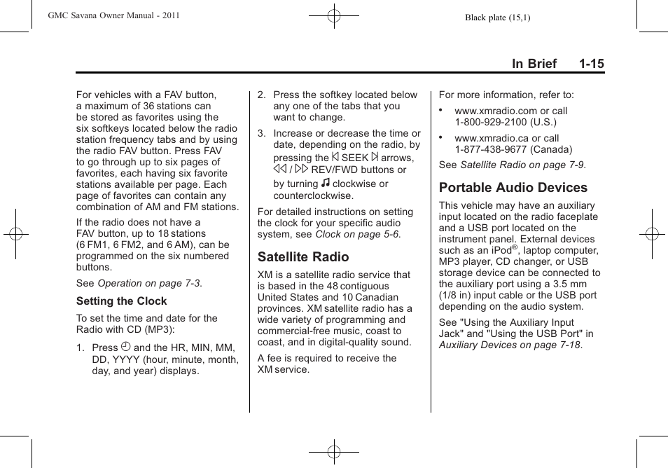 Satellite radio, Portable audio devices, Radio -15 | Audio devices -15 | GMC 2011 Savana User Manual | Page 21 / 410