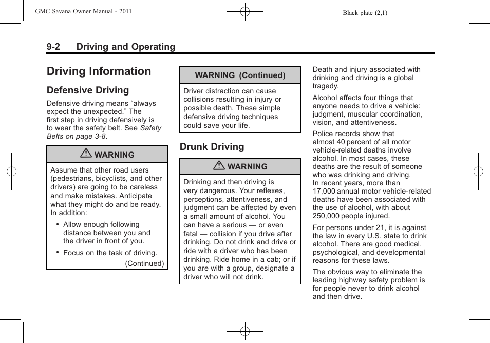 Driving information, Defensive driving, Drunk driving | Driving information -2, Defensive driving -2 drunk driving -2 | GMC 2011 Savana User Manual | Page 210 / 410