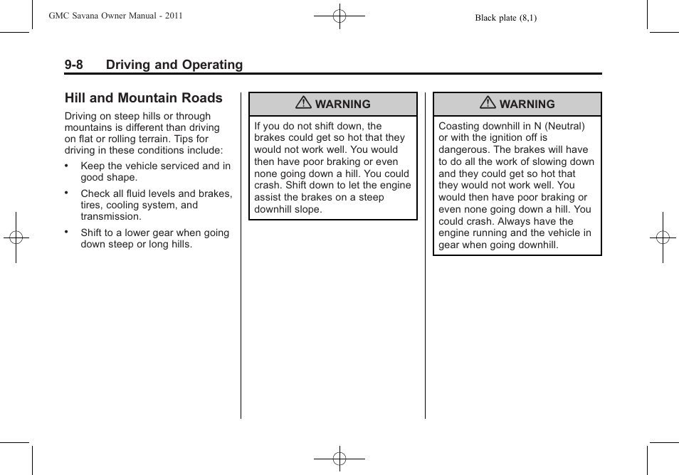 Hill and mountain roads, Hill and mountain roads -8 | GMC 2011 Savana User Manual | Page 216 / 410