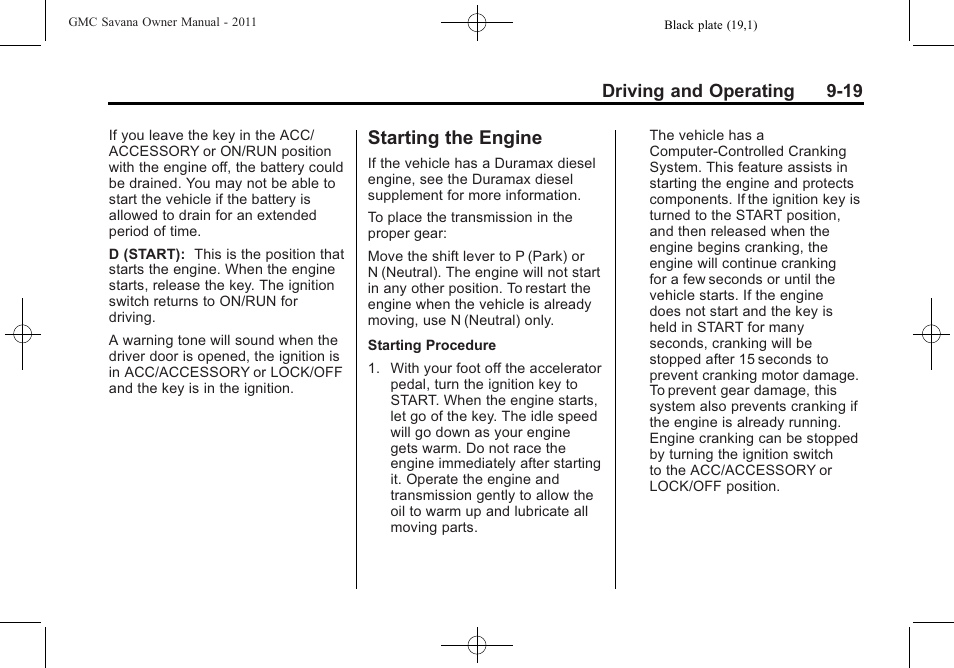 Starting the engine, Starting the engine -19 | GMC 2011 Savana User Manual | Page 227 / 410