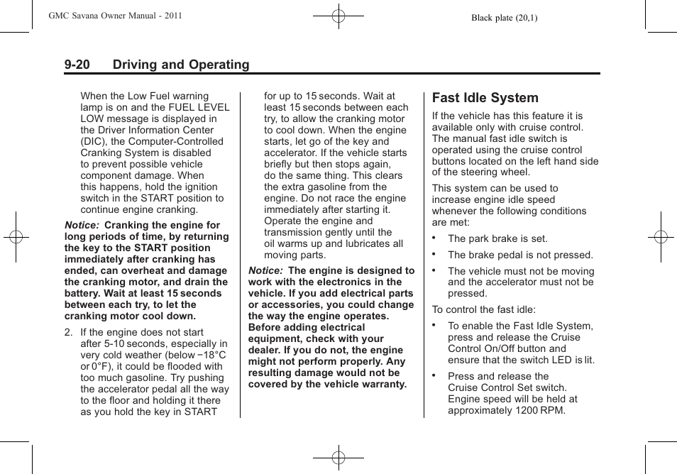 Fast idle system, Fast idle system -20, 20 driving and operating | GMC 2011 Savana User Manual | Page 228 / 410