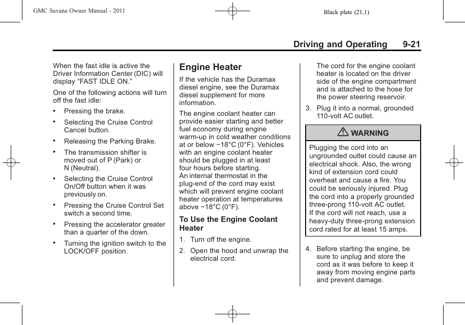 Engine heater, Engine heater -21, Driving and operating 9-21 | GMC 2011 Savana User Manual | Page 229 / 410