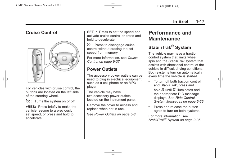 Cruise control, Power outlets, Performance and maintenance | Stabilitrak® system, Performance and, Maintenance -17, Warning lights, gauges, Cruise control -17 power outlets -17, Stabilitrak, System -17 | GMC 2011 Savana User Manual | Page 23 / 410