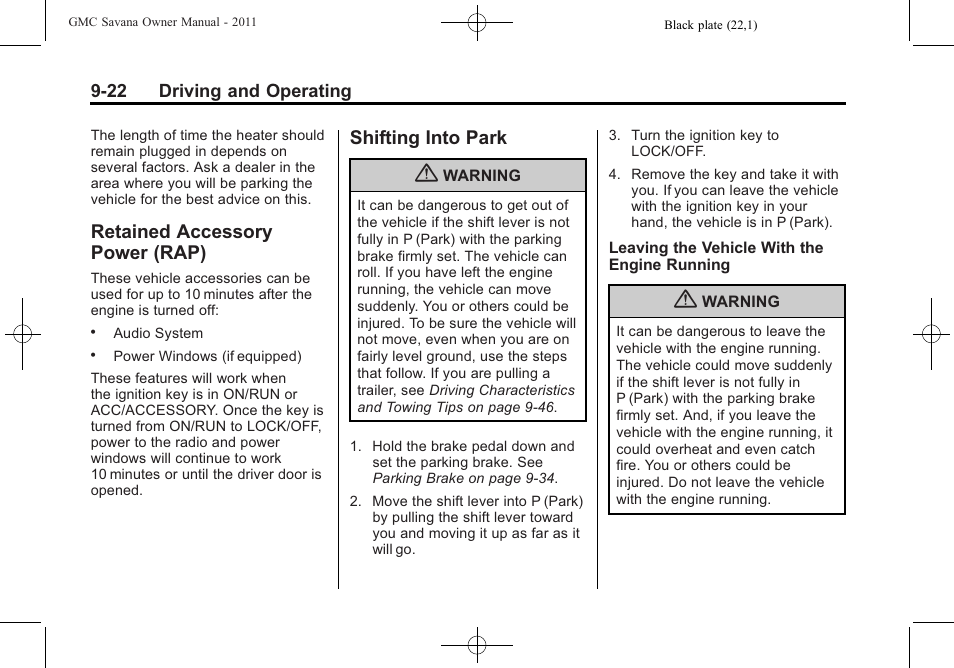 Retained accessory power (rap), Shifting into park, Retained accessory | Power (rap) -22, Shifting into park -22, Cruise | GMC 2011 Savana User Manual | Page 230 / 410