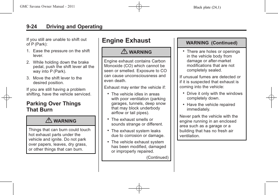 Parking over things that burn, Engine exhaust, Exhaust -24 | Parking over things, That burn -24, Engine exhaust -24, 24 driving and operating | GMC 2011 Savana User Manual | Page 232 / 410