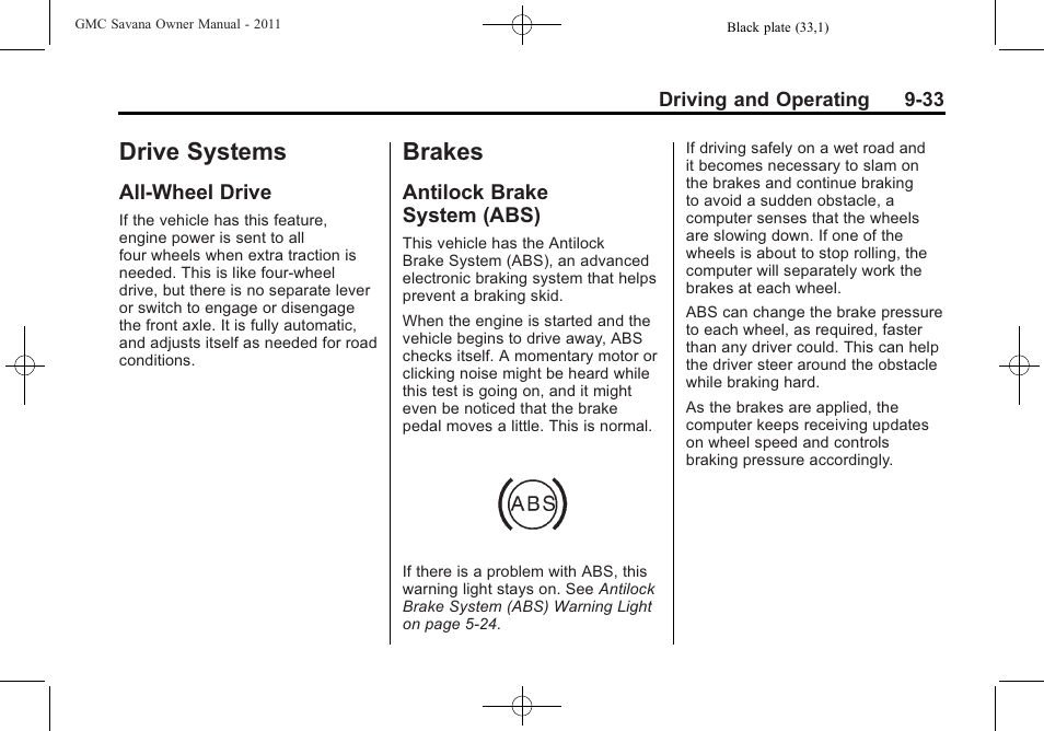 Drive systems, All-wheel drive, Brakes | Antilock brake system (abs), 33 brakes -33, All-wheel drive -33, Antilock brake, System (abs) -33 | GMC 2011 Savana User Manual | Page 241 / 410