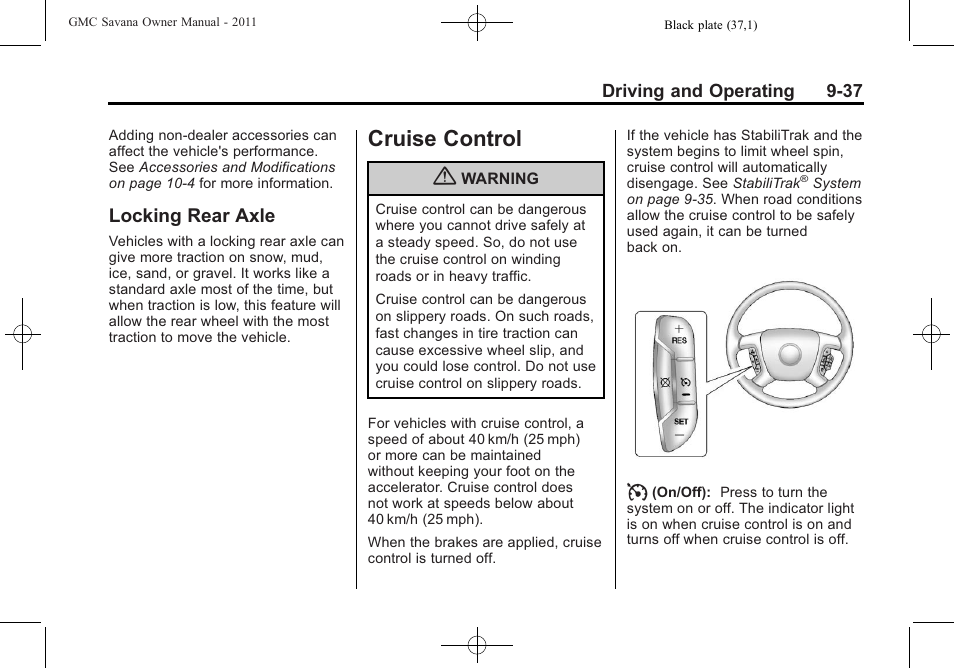 Locking rear axle, Cruise control, Cruise control -37 | Locking rear axle -37 | GMC 2011 Savana User Manual | Page 245 / 410