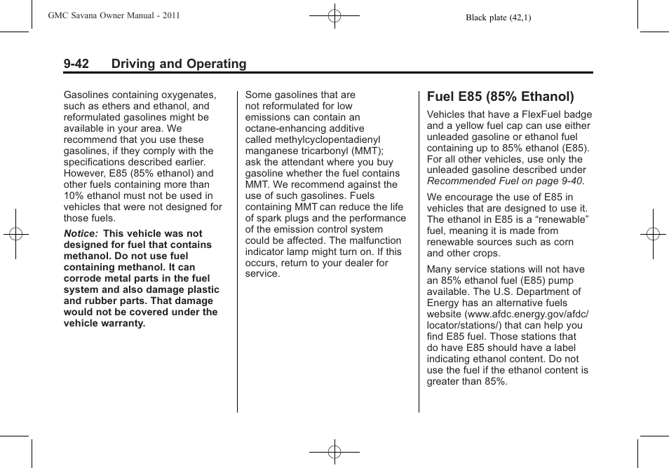 Fuel e85 (85% ethanol), Fuel e85 (85% ethanol) -42 | GMC 2011 Savana User Manual | Page 250 / 410