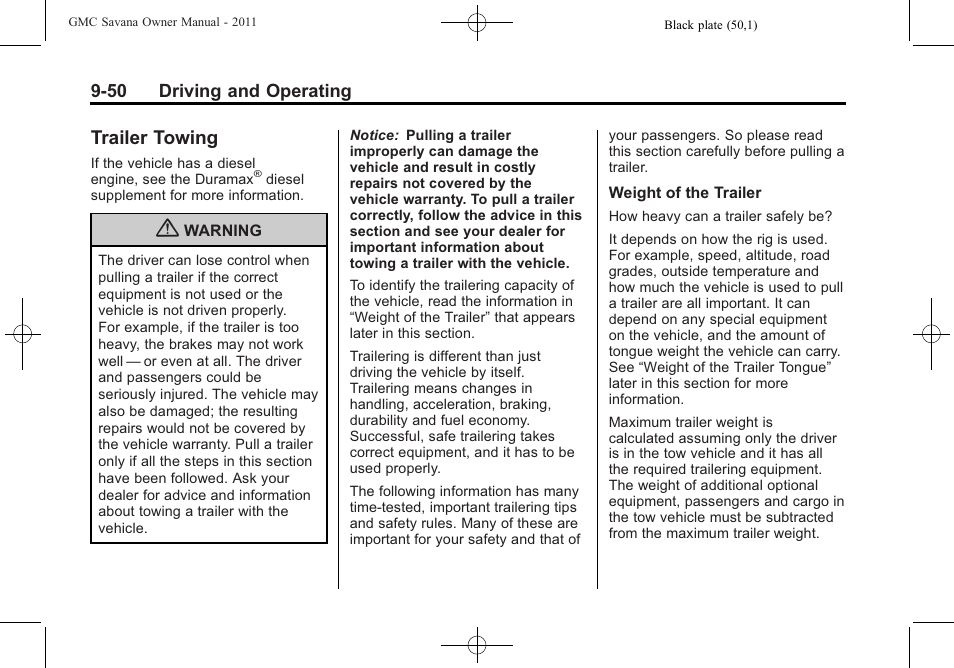 Trailer towing, Railer towing -50 | GMC 2011 Savana User Manual | Page 258 / 410