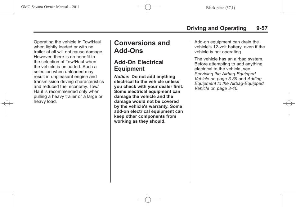 Conversions and add-ons, Add-on electrical equipment, Conversions and add-ons -57 | Electrical, Equipment -57 | GMC 2011 Savana User Manual | Page 265 / 410