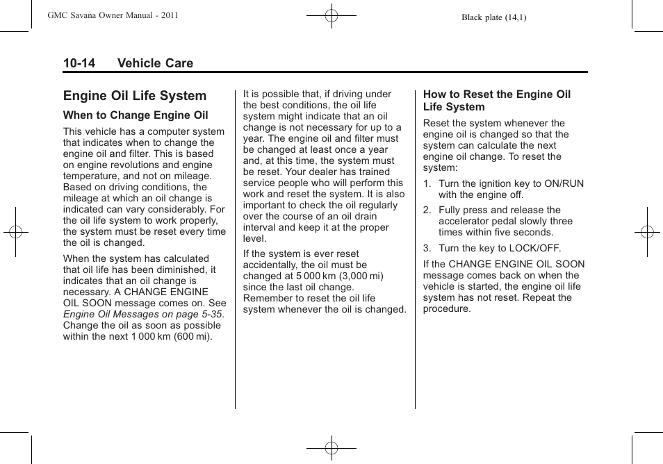 Engine oil life system, Engine oil life system -14 | GMC 2011 Savana User Manual | Page 280 / 410