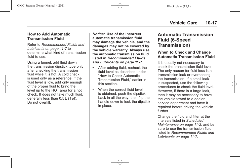 Automatic transmission, Fluid (6-speed transmission) -17, Park | Vehicle care 10-17 | GMC 2011 Savana User Manual | Page 283 / 410