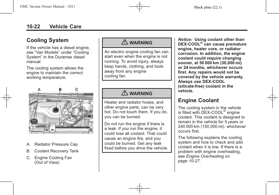 Cooling system, Engine coolant, Cooling system -22 engine coolant -22 | Replacement | GMC 2011 Savana User Manual | Page 288 / 410