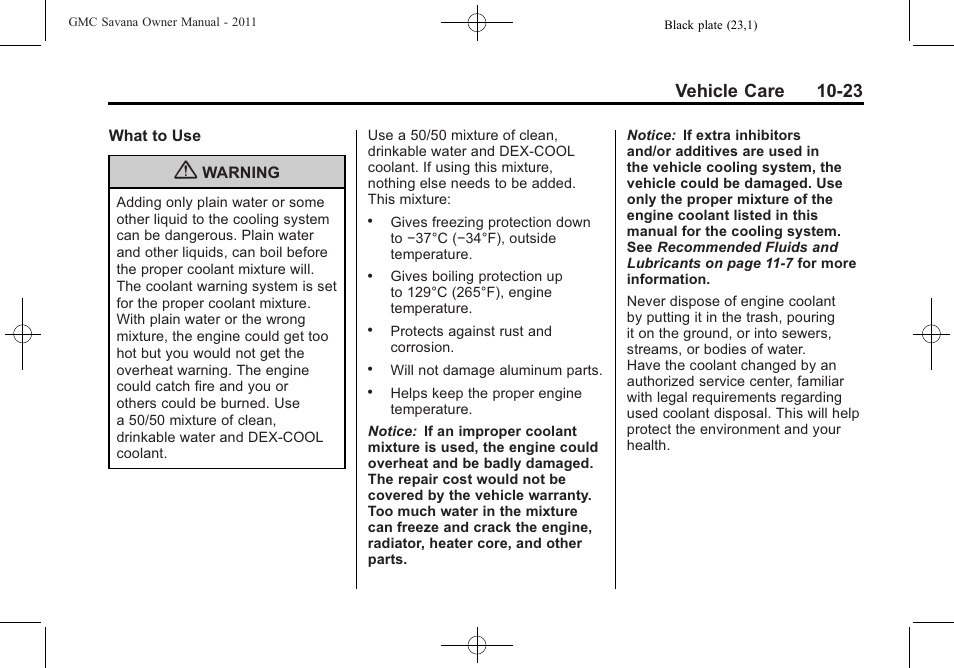 Vehicle care 10-23 | GMC 2011 Savana User Manual | Page 289 / 410