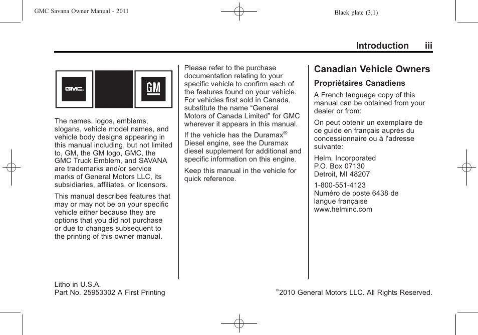 Introduction, Canadian vehicle owners, Introduction iii | GMC 2011 Savana User Manual | Page 3 / 410