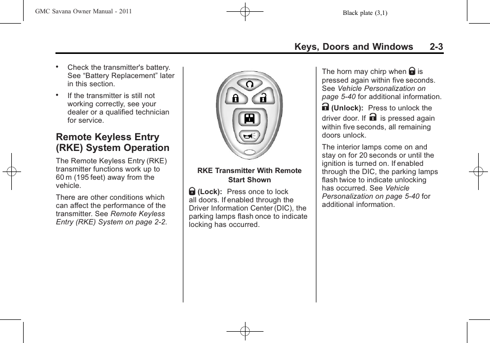 Remote keyless entry (rke) system operation, Remote keyless entry (rke), System operation -3 | Exterior | GMC 2011 Savana User Manual | Page 31 / 410